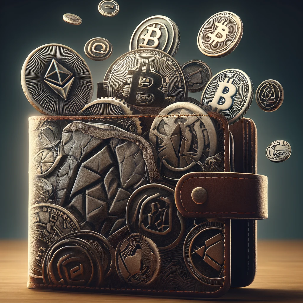 DALL·E 2024-03-28 16.46.14 - An artistic representation of cryptocurrencies symbolically stored within a traditional leather wallet. The wallet is slightly open, revealing glimpse