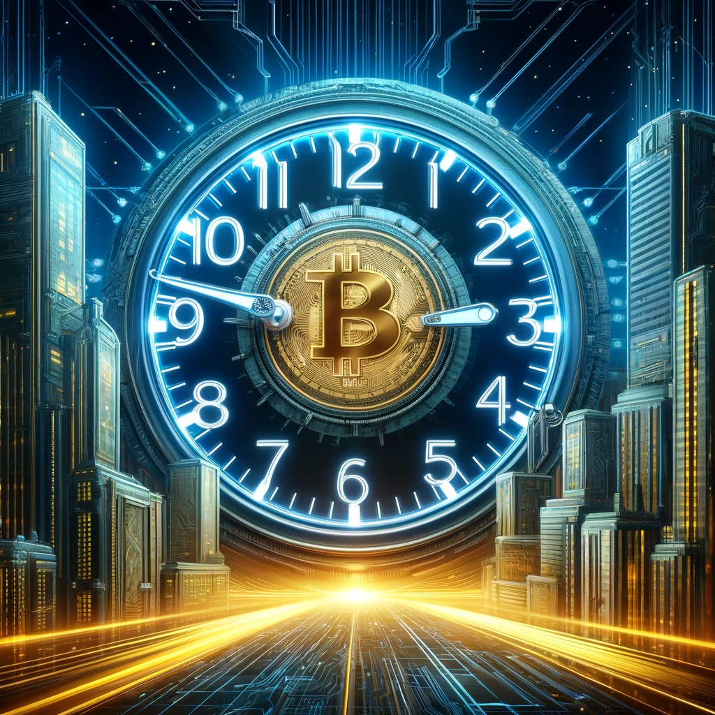DALL·E 2024-04-18 11.08.20 - A digital artwork depicting the concept of the 2024 Bitcoin halving. The image shows a large digital clock counting down to zero with the Bitcoin logo