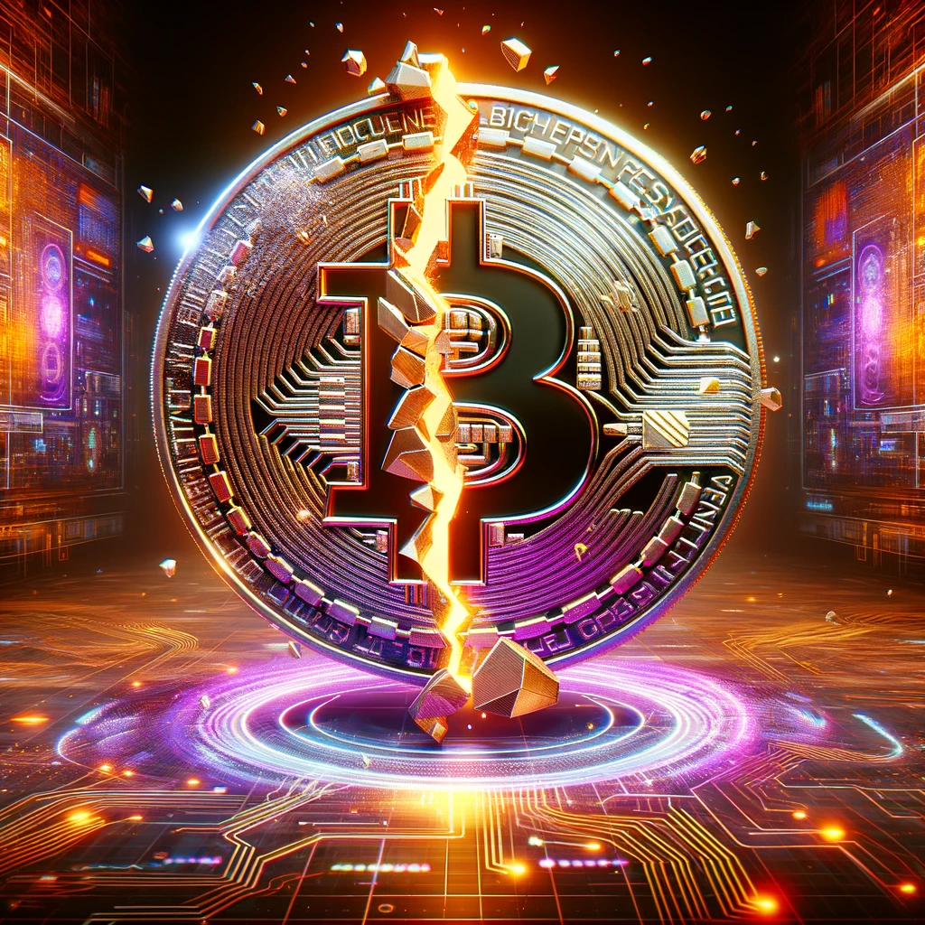 DALL·E 2024-04-18 11.12.33 - A digital artwork illustrating the 2024 Bitcoin halving event. This image features a gigantic, semi-transparent Bitcoin coin, dramatically cracking do